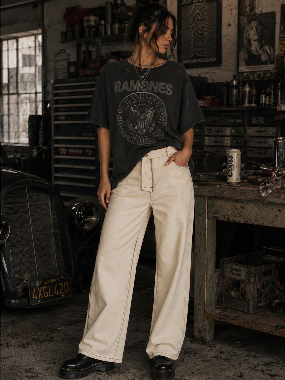 PRETTY GARBAGE Reversed Detail Cotton Pants Wide Leg Stone Cream M NWT